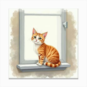 Orange Tabby Cat Sitting On Window Sill Canvas Print