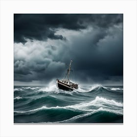 Stormy Sea, A Small Boat Braving A Stormy Sea Symbolizing Courage In Adversity Canvas Print