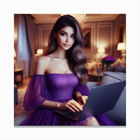 Beautiful Woman In Purple Dress Using Laptop 5 Canvas Print