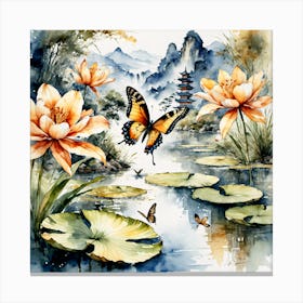 Watercolour Butterflies over Lilly Pond IV Canvas Print