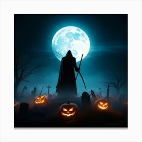 Reaper Silhouette Scythe Raised Against A Backdrop Of A Full Moon On Halloween Night With Wisps O 2 1 Canvas Print