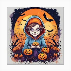 Halloween Girl With Pumpkins Canvas Print