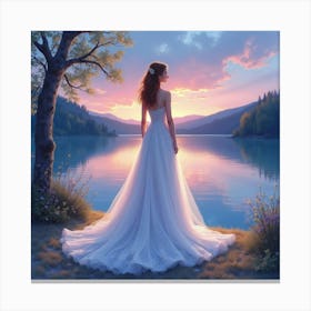 Elegant Gown Watercolor, With A Tranquil Lakeside Twilight 1 Canvas Print