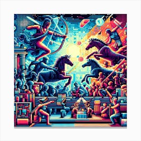 Pixel Mythology: A Digital Mosaic of the Trojan War with Neon Colors Canvas Print