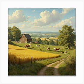 An English Farm With Fields Of Crops, A Barn, And Livestock Grazing 1 Canvas Print