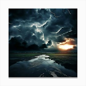 Overcast Sky Dominating A Serene Waterway Black Clouds Lining The Horizon Canvas Print