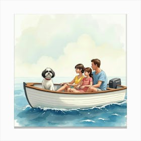 A Shih Tzu And A Family On A Relaxing Boat Ride, Watercolor 1 Canvas Print