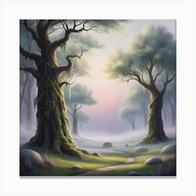 A Misty, Dawn Lit High Fantasy Forest, Digitally Painted In Vibrant, Ethereal Hues, With Soft, Feathery Brushstrokes And Delicate Textures, Evoking An Atmosphere Of Peaceful Tranquility, Canvas Print