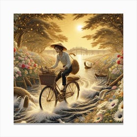 Young boy ridding the bicycle with golden coins in the basket Canvas Print