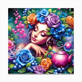 Girl With Flowers And Teapot Canvas Print