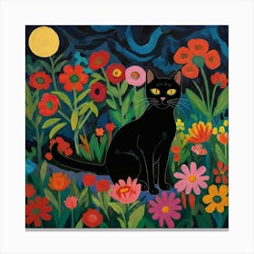 Black Cat In The Garden With Flowers At Night Canvas Print