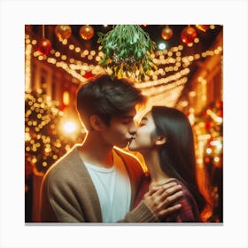Christmas Couple Kissing In The Street Canvas Print
