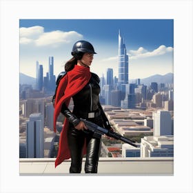 The Image Depicts A Woman In A Black Suit And Helmet Isstanding In Front Of A Large, Modern Cityscape 1 Canvas Print