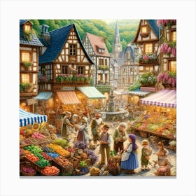 European Village Marketplace Wall Print Art A Lively Depiction Of A Quaint European Village Market, Perfect For Adding Charm And Vibrancy To Any Space Canvas Print