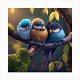 Three Birds Perched On A Branch Canvas Print