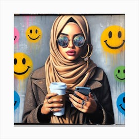 Coffee and Confidence - Realistic Painting of a Woman with Hijab and Sunglasses Canvas Print