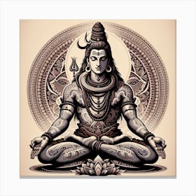 "Ascetic Grace: Lord Shiva in Meditative Repose" - This artwork is a profound representation of Lord Shiva, the Hindu deity of destruction and regeneration, depicted in deep meditation. The sepia tones and intricate patterns that adorn his form and the mandala behind him reflect the complexity and richness of spiritual practice. The image exudes a sense of peace and timeless wisdom, with Shiva's closed eyes and serene posture inviting onlookers to explore their own inner peace. This piece is perfect for those who seek to bring a touch of divine contemplation and traditional elegance into their living space. Canvas Print