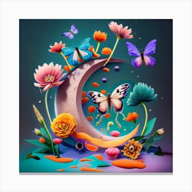 Moon With Butterflies And Flowers Canvas Print