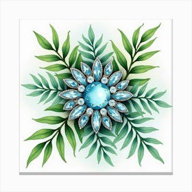 Aquamarine Brooch, Watercolor, Lush Tropical Foliage 1 Canvas Print