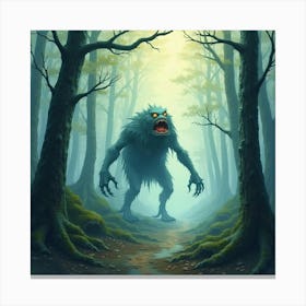 Horror Creature In A Watercolor Misty Forest 1 Canvas Print