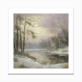 Ancient landscapes, old winter oil paintings and rocks around the lake bank. Snow is falling on the lake, old colors.4 Canvas Print