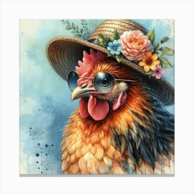 A chicken wearing a straw hat 1 Canvas Print