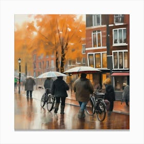 2Amsterdam cafes, autumn season, rain, autumn oil colours.Faded colours,People passing on the street, winter clothes, rain umbrellas. Lienzo