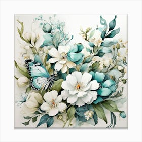 Blue Flowers And Butterflies Canvas Print