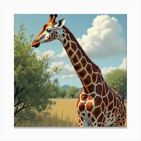 A Majestic Giraffe Browsing On Acacia Leaves 1 Canvas Print