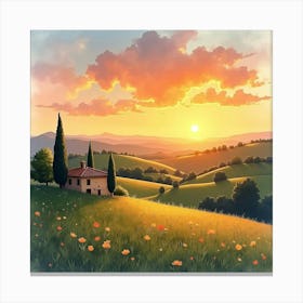 Romantic Watercolor Of An Italian Sunset Over The Rolling Hills Of Tuscany 1 Canvas Print