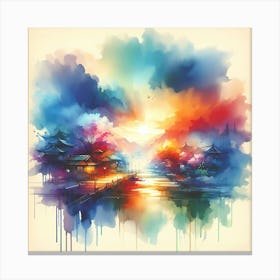 Watercolor Of Asian Landscape 1 Canvas Print