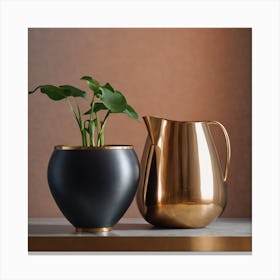 Two Gold Vases And A Plant Canvas Print