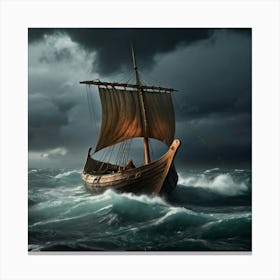 Viking Ship In Stormy Sea 1 Canvas Print