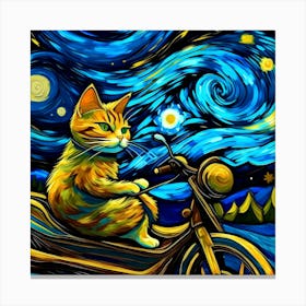 A cat riding a rocket motorcycle through a starry night, with swirling clouds and brushstrokes in Van Gogh's signature style Canvas Print