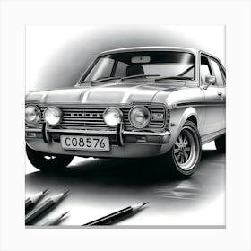 A Black And White Pencil Sketch Of A Ford Cortina 1976 1 Canvas Print