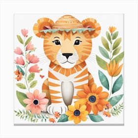 Floral Cute Baby Lion Nursery Illustration (18) Canvas Print