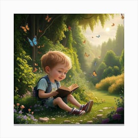 Little Boy Reading A Book Canvas Print