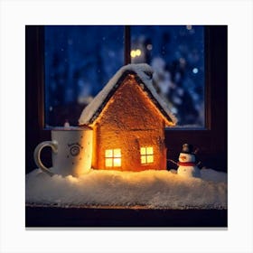 Firefly Cup, Cozy, Miniature, House, Illuminated, Windows, Snowy, Landscape, Snowman, Winter, Warmth Canvas Print