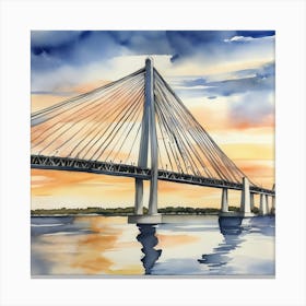 Accurate drawing and description. Sunset over the Arthur Ravenel Jr. Bridge in Charleston. Blue water and sunset reflections on the water. Watercolor.3 Canvas Print