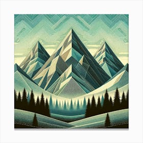 "Retro Alpine Tapestry"   This artwork weaves a complex pattern of mountains and skies, reminiscent of vintage textiles. The layers of geometric shapes and dotted textures create a rich, tactile experience, while the cool teal and warm beige palette evoke a nostalgic feel. It's a sophisticated blend of old-world charm and modern design, ideal for adding a touch of elegance and history to any setting. Canvas Print