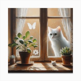 White Cat At The Window Canvas Print