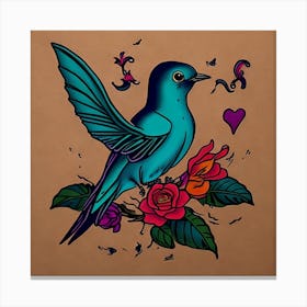 Blue Bird With Roses Canvas Print