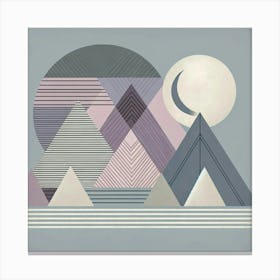 "Geometric Lullaby: Moonlit Mountains"  In this serene composition, the cool glow of a slender crescent moon bathes a landscape of geometric mountains in soft light. Each peak, adorned with its own pattern, stands under a backdrop of layered circles that hint at the vast cosmos. Striped plains stretch before these textured titans, inviting contemplation. The palette is a soothing blend of mauve, slate, and cream, echoing the quiet of nightfall. This piece is a modernist’s retreat, offering a moment of stillness where the complexities of shape and the calm of evening meet. Canvas Print