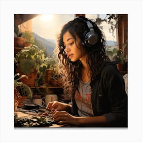 Girl Crafting And Listening To Music With Mountain View Canvas Print