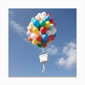 A White Handbag Lifted Into The Sky By A Bunch Of Colorful Balloons Against A Blue Sky And Fluffy Clouds Canvas Print