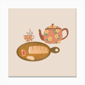 Tea time with fruit jam and bread Canvas Print