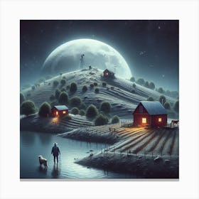 A man and his dog in a village in the moon Canvas Print