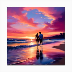 Sunset Couple On The Beach Canvas Print