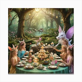 Create A Whimsical Tea Party Attended By Mythical Creatures Like Fairies Dragons And Unicorns In An Canvas Print