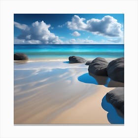 Turquoise Blue Sea, Sandy Beach and Black Rocks Canvas Print